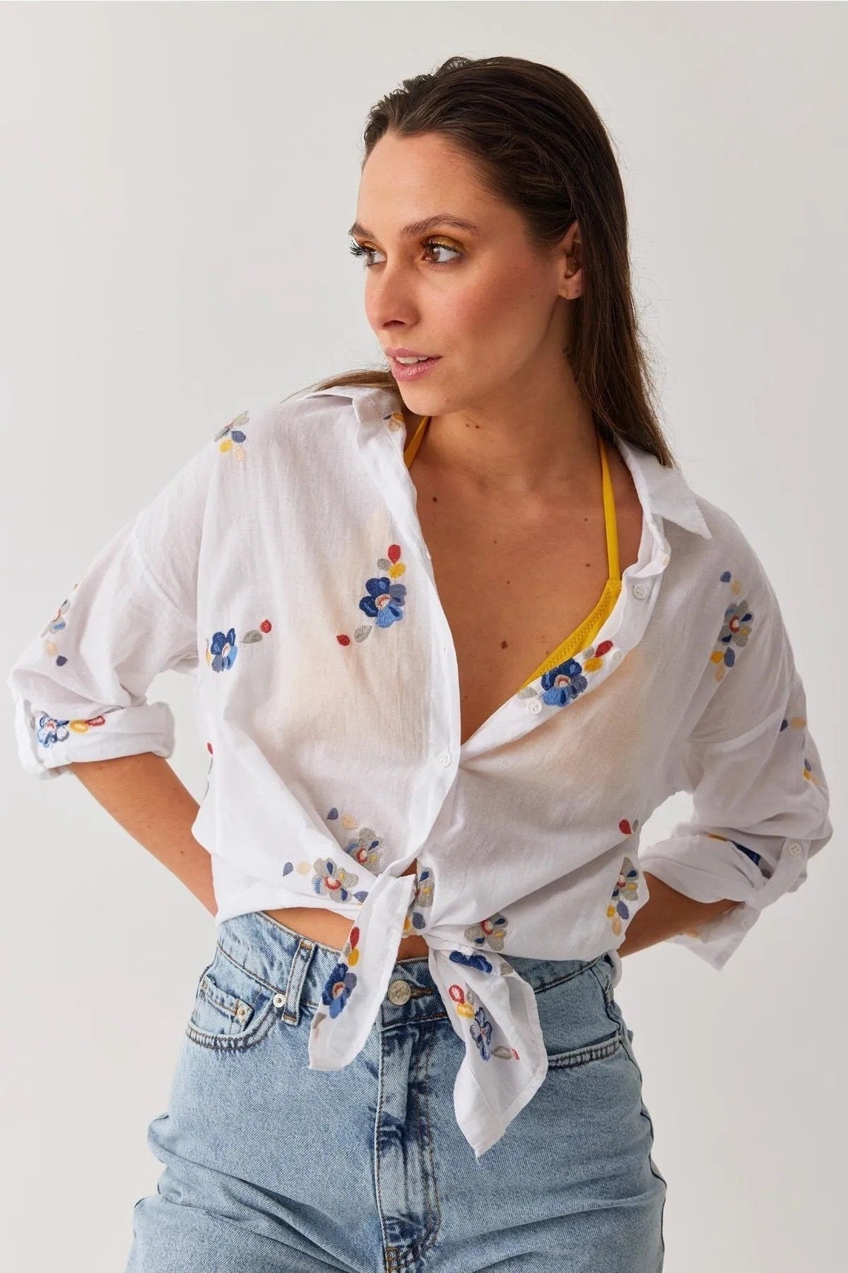 Floral Embroidered White 100% Cotton Blouse