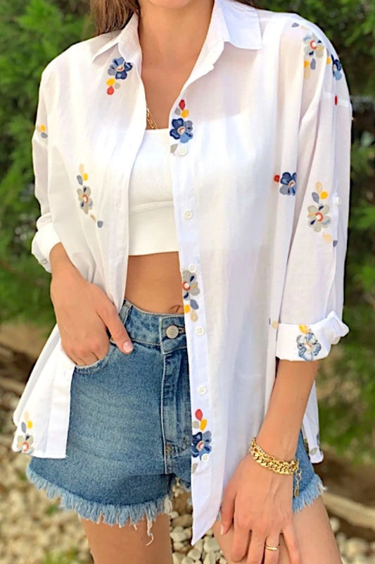 Floral Embroidered White 100% Cotton Blouse