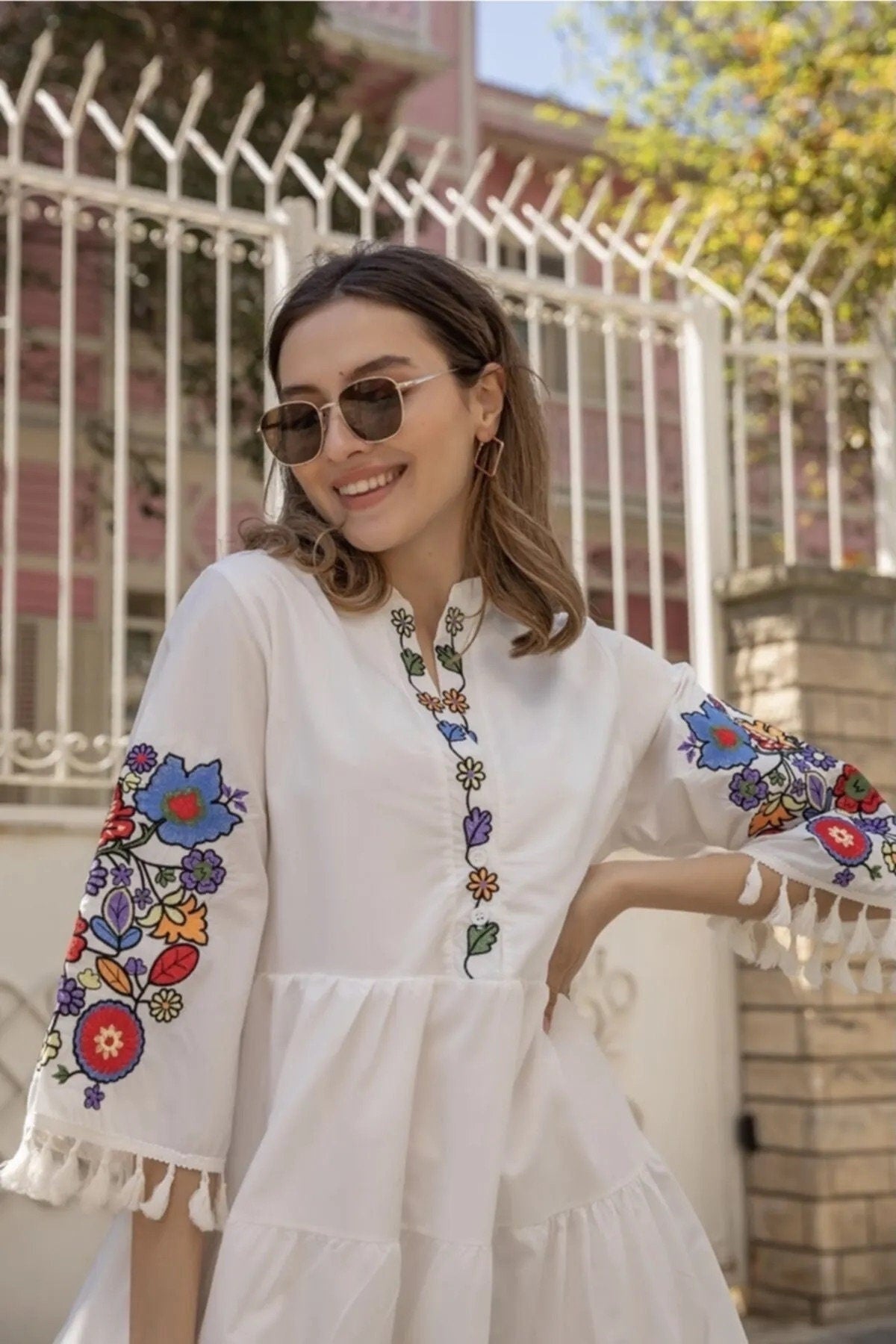 White Floral Embroidered Dress