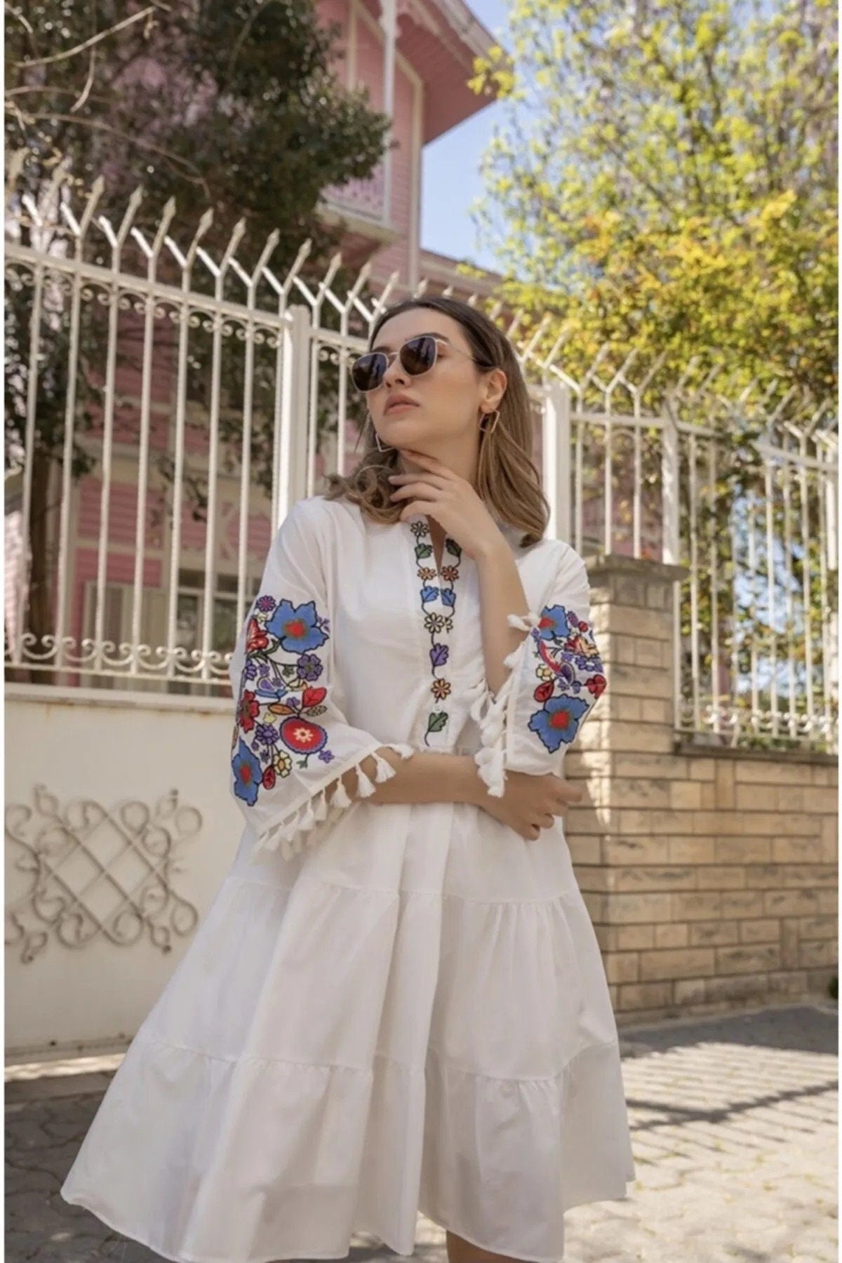 White Floral Embroidered Dress