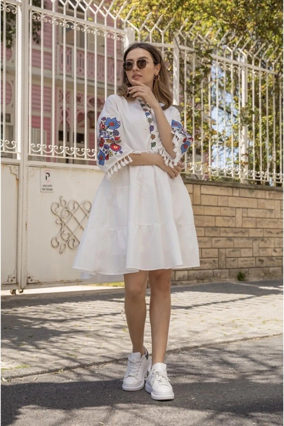 White Floral Embroidered Dress