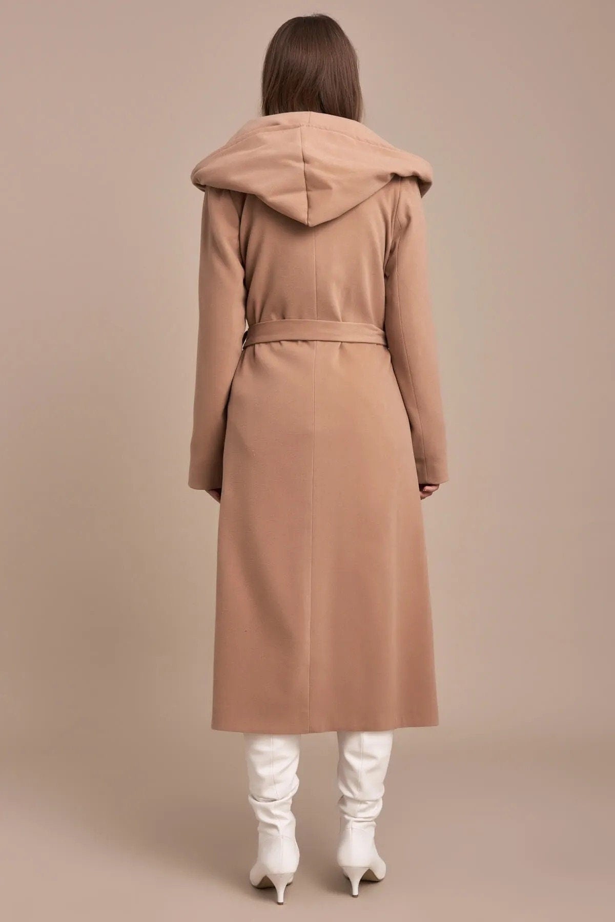 Camel Wool Long Coat with Hoodie