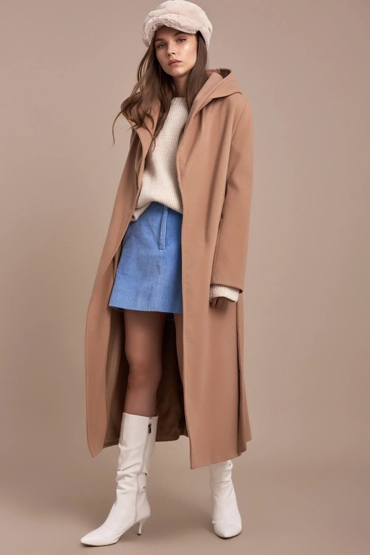 Camel Wool Long Coat with Hoodie