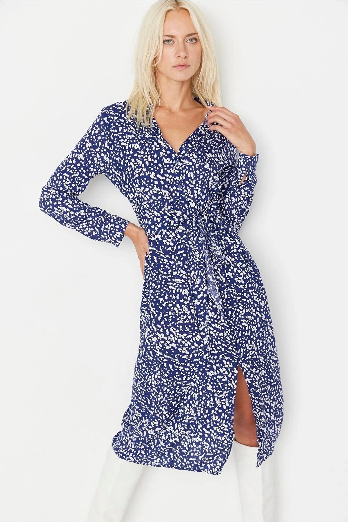 Blue Floral Midi Woven Slit Shirt Dress