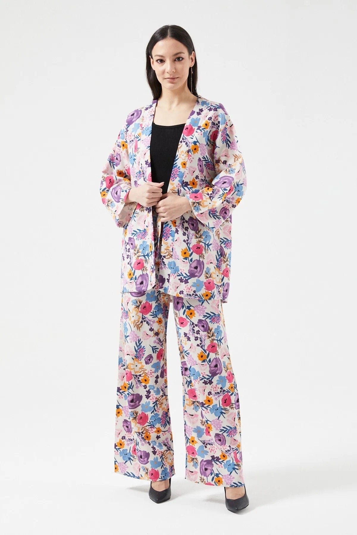 Colorful Purple Floral Print Linen Kimono