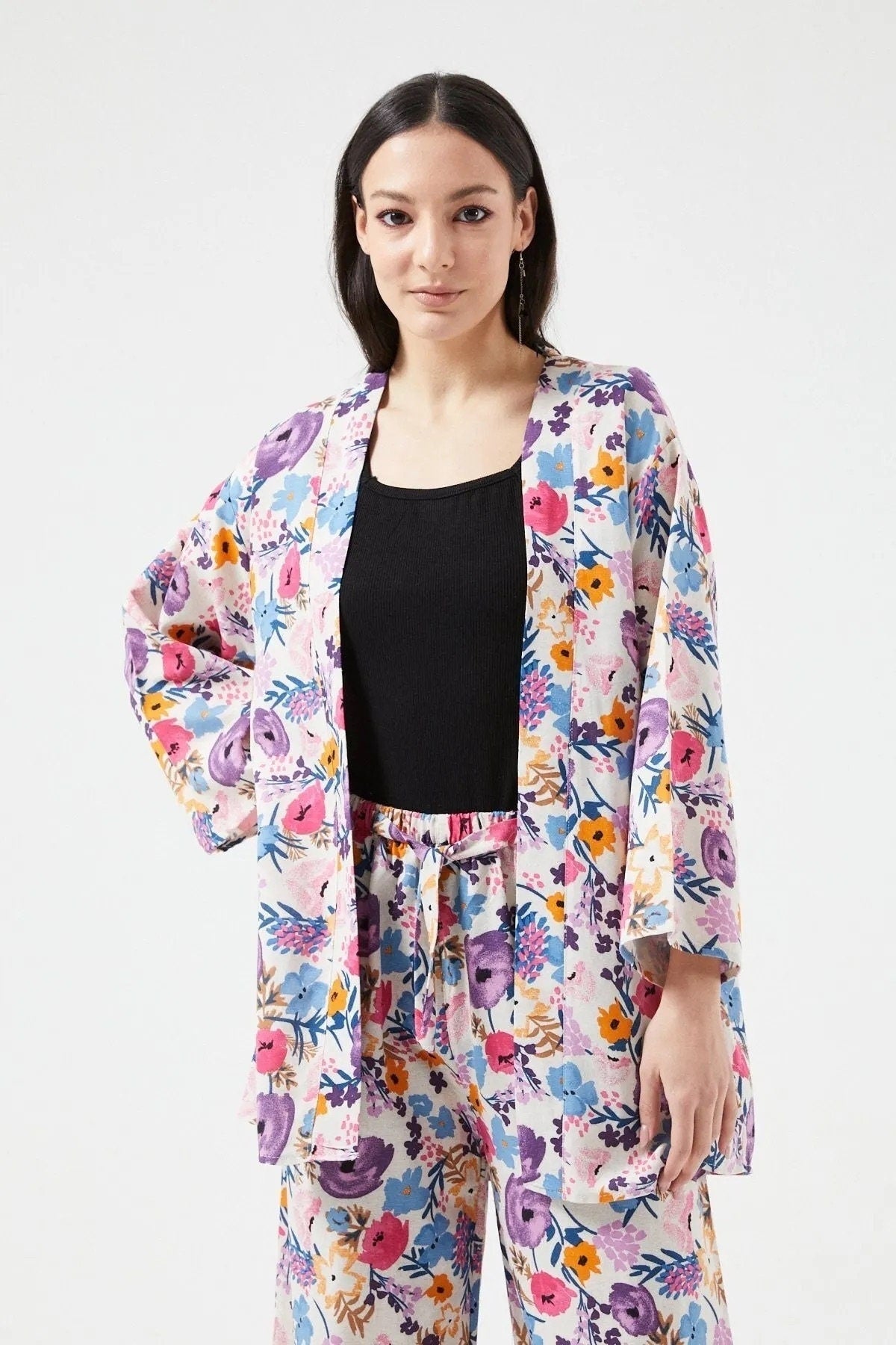 Colorful Purple Floral Print Linen Kimono