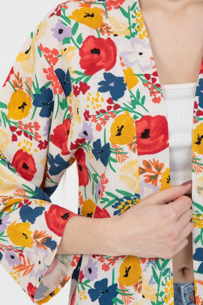 Red Floral Linen Kimono