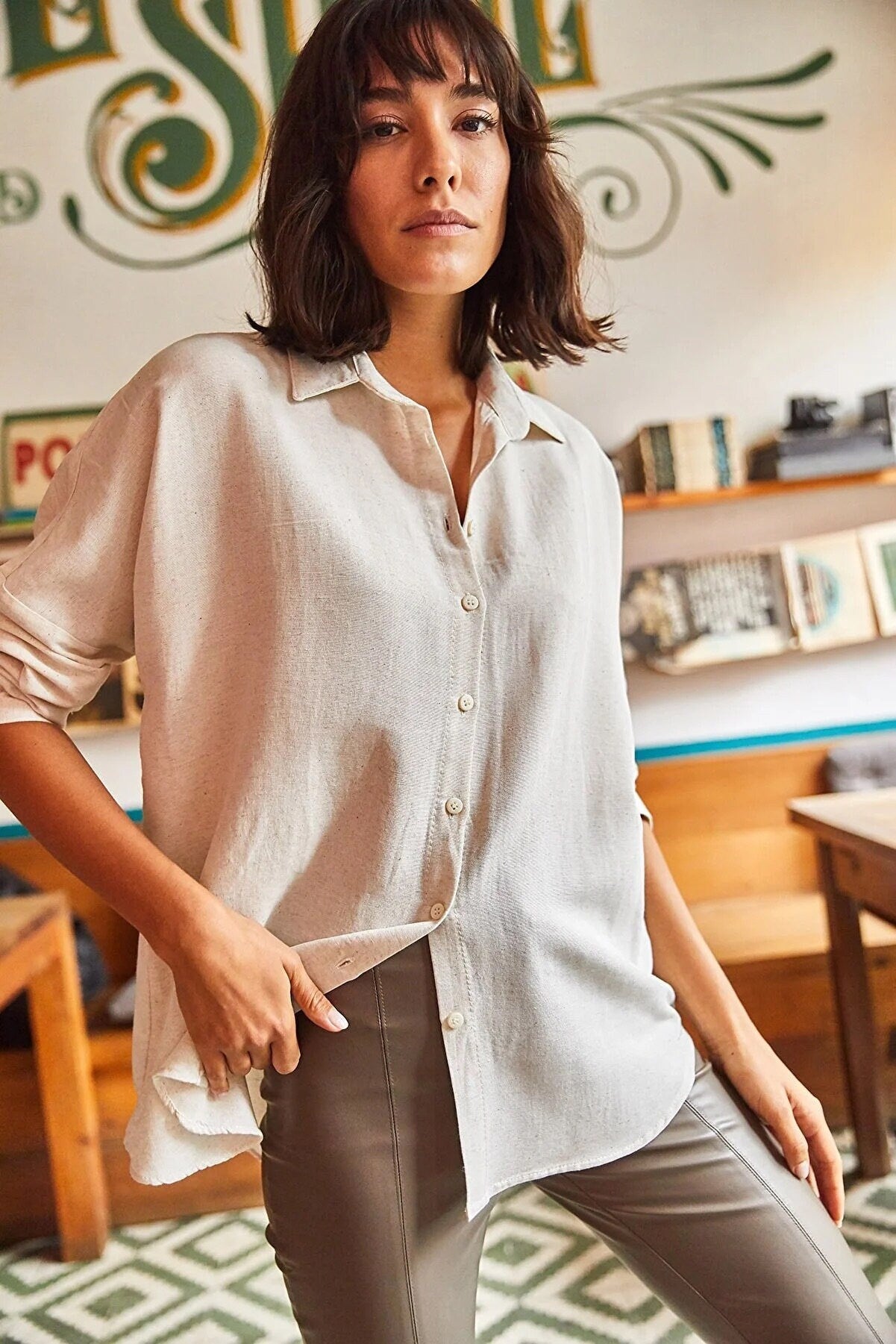 Black Linen Button Down Blouse