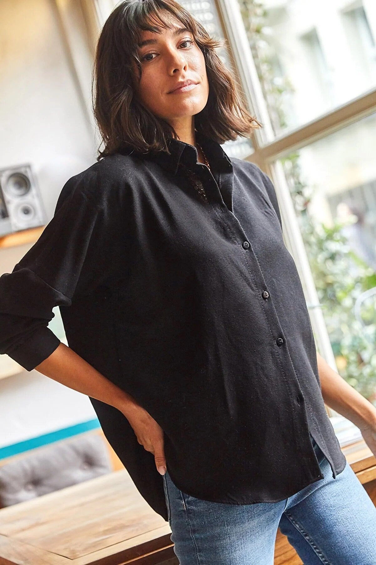 Black Linen Button Down Blouse