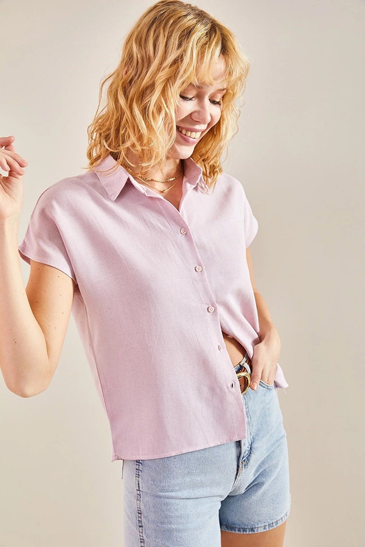 Camel Linen Short Sleeve Blouse