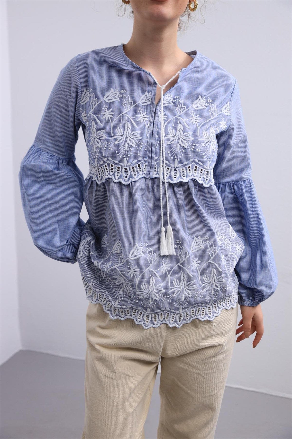 Ethereal Blue Embroidered Cotton Blouse