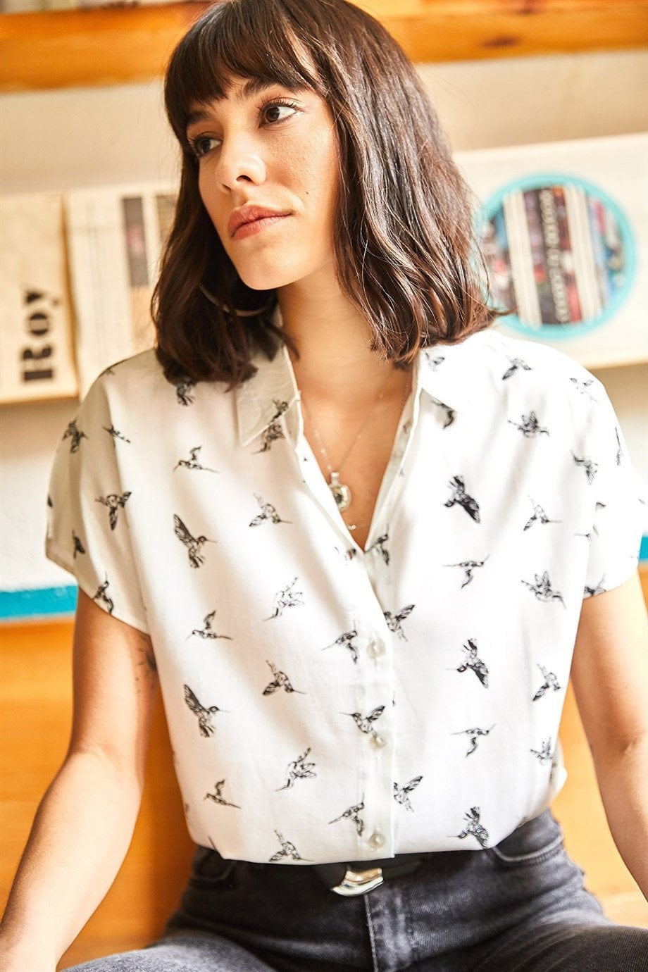 Bird Print Short Sleeve Blouse