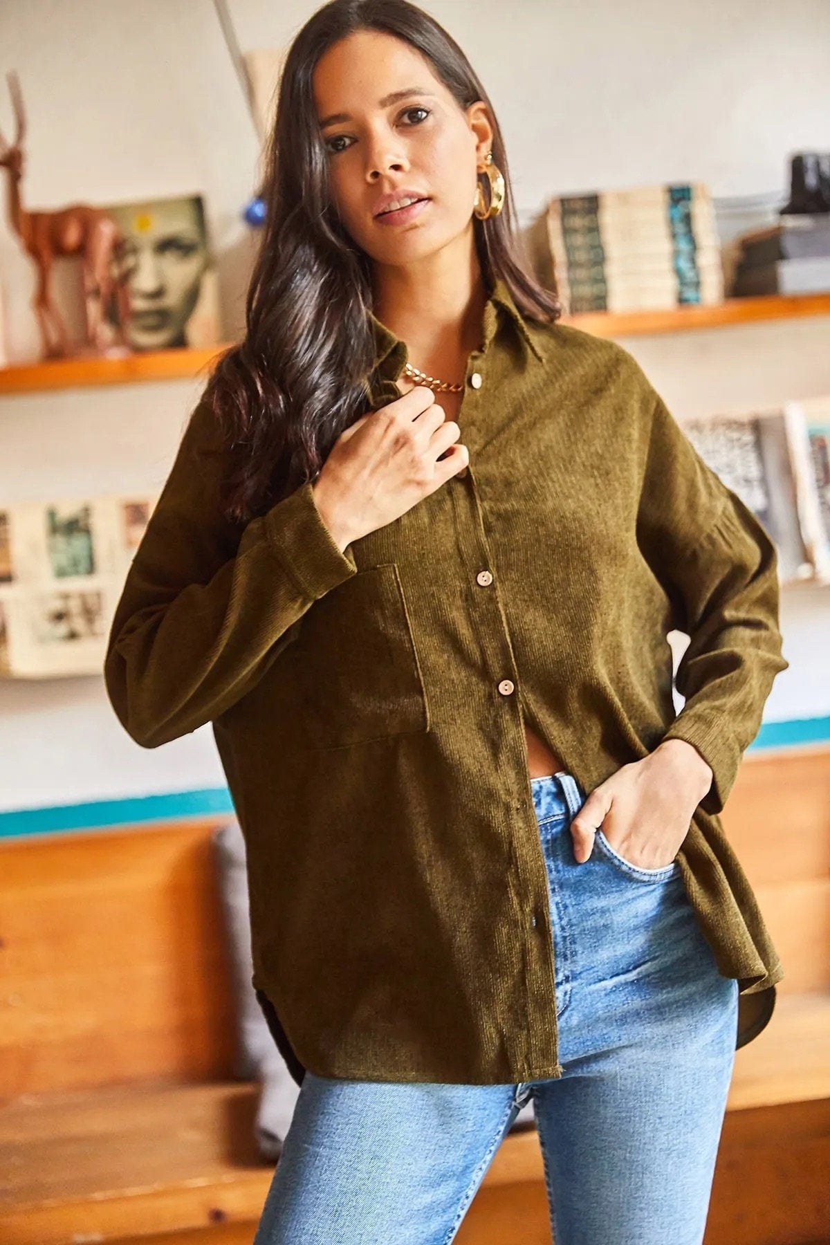 Military Green Velvet Blouse