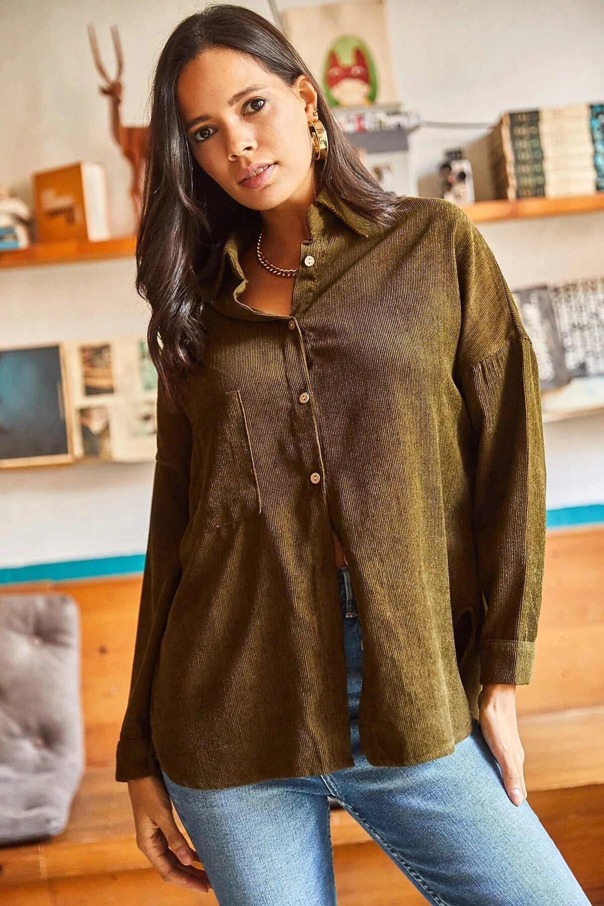 Military Green Velvet Blouse