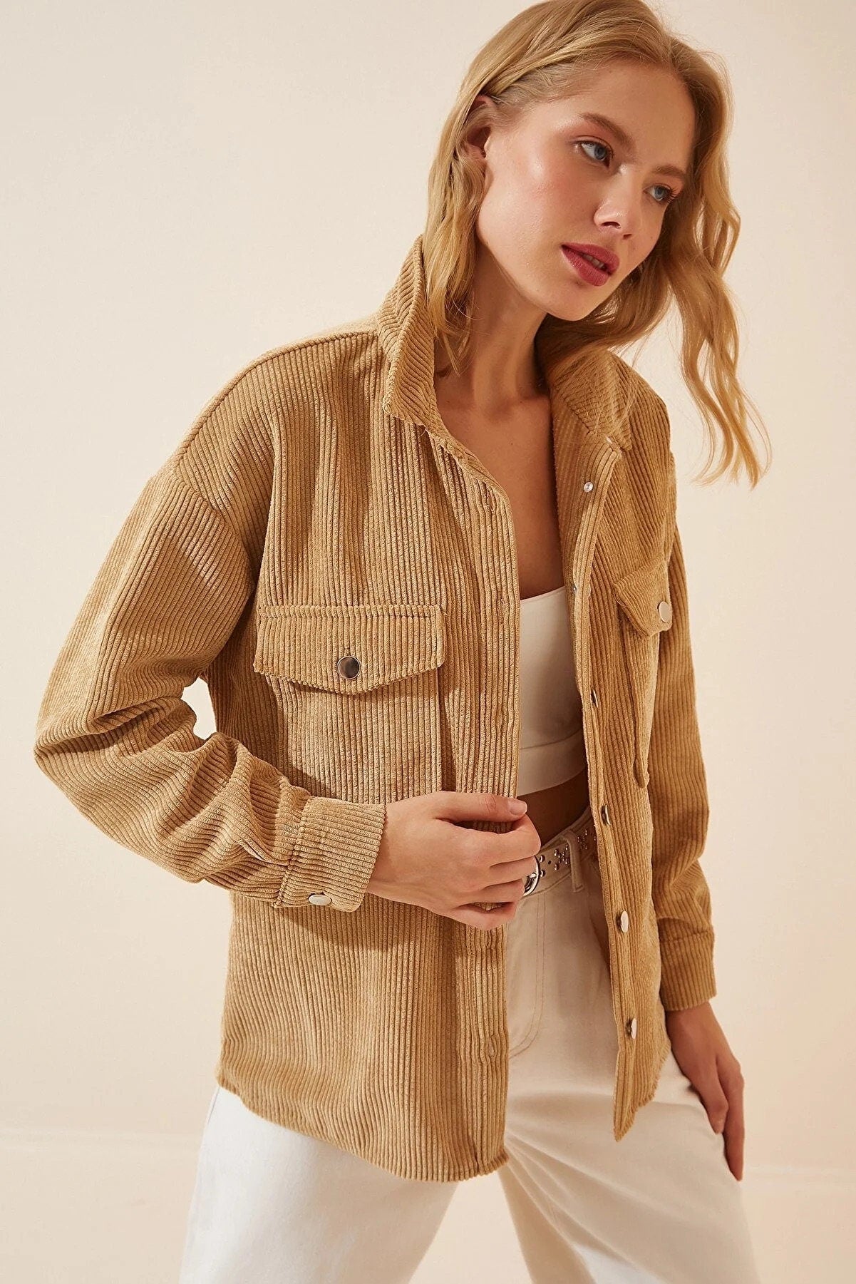 Chic Camel Corduroy Button-Up Jacket