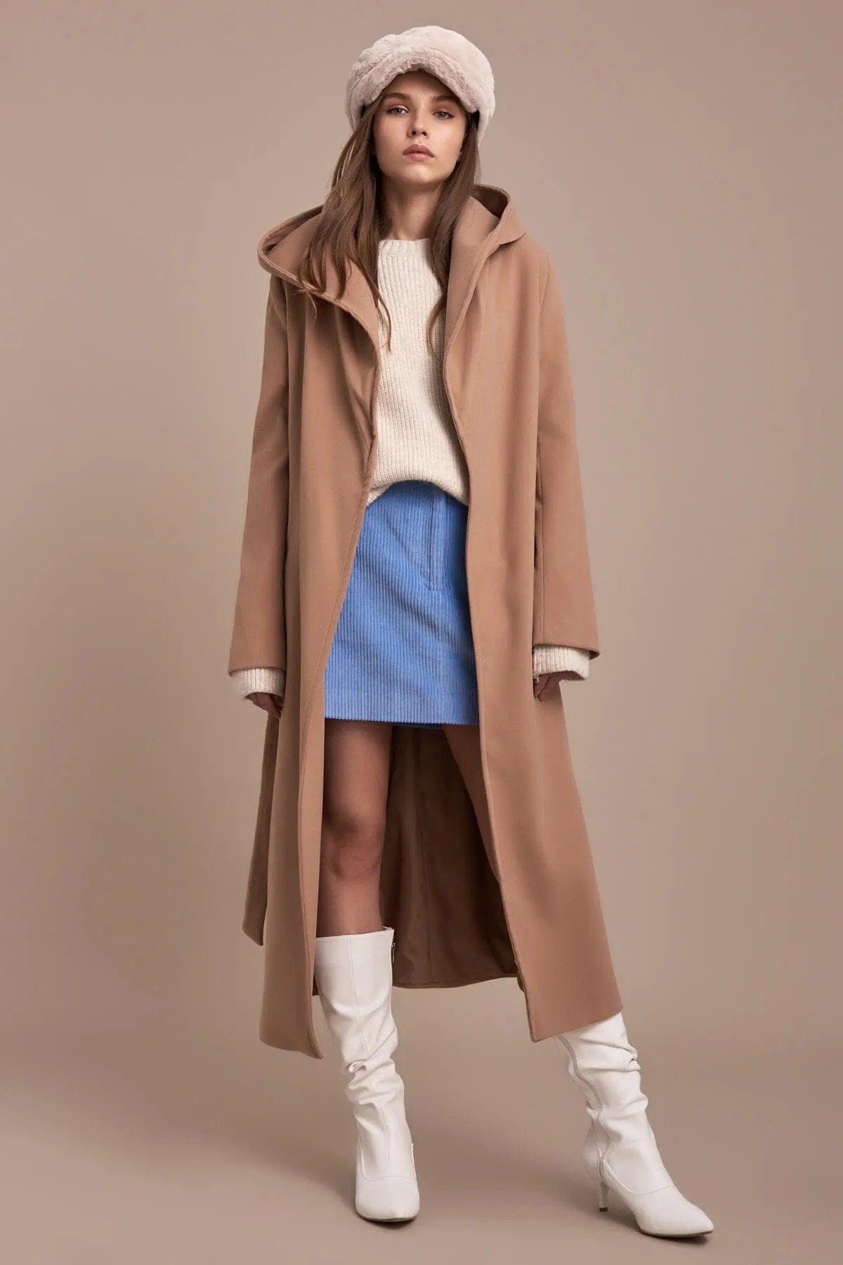 Camel Wool Long Coat with Hoodie