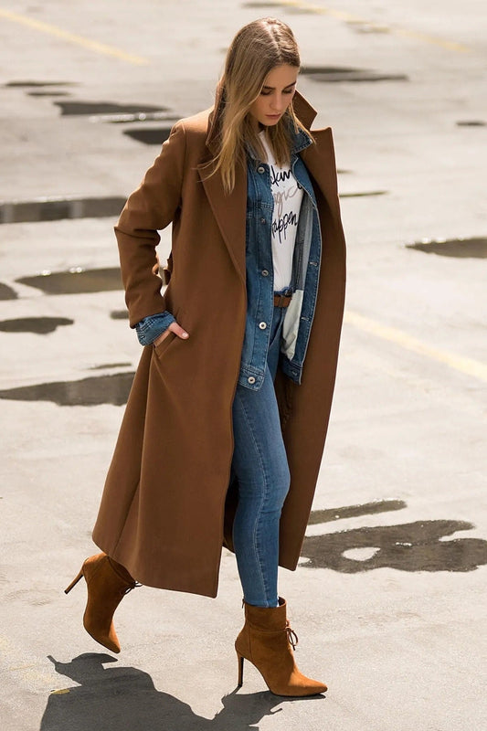 Camel Wool Long Coat with Belt and Pocket