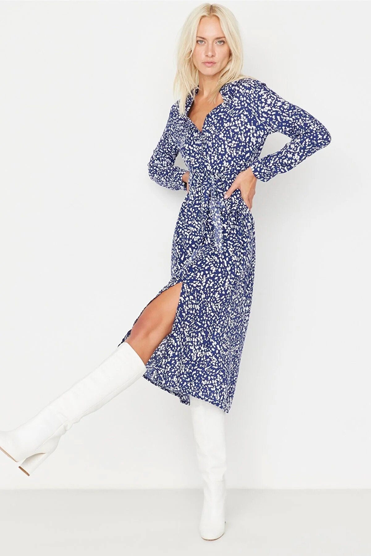 Blue Floral Midi Woven Slit Shirt Dress