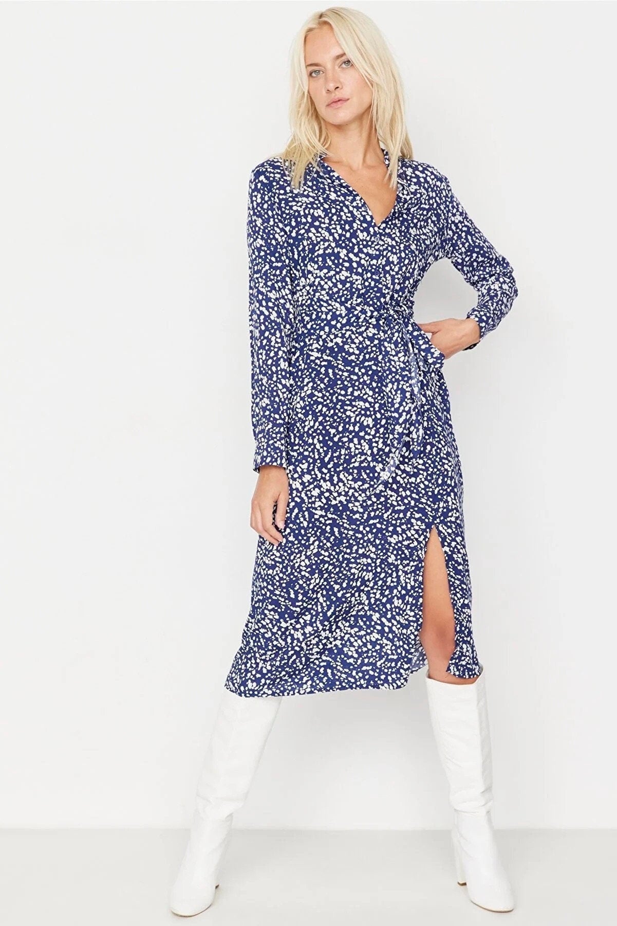 Blue Floral Midi Woven Slit Shirt Dress