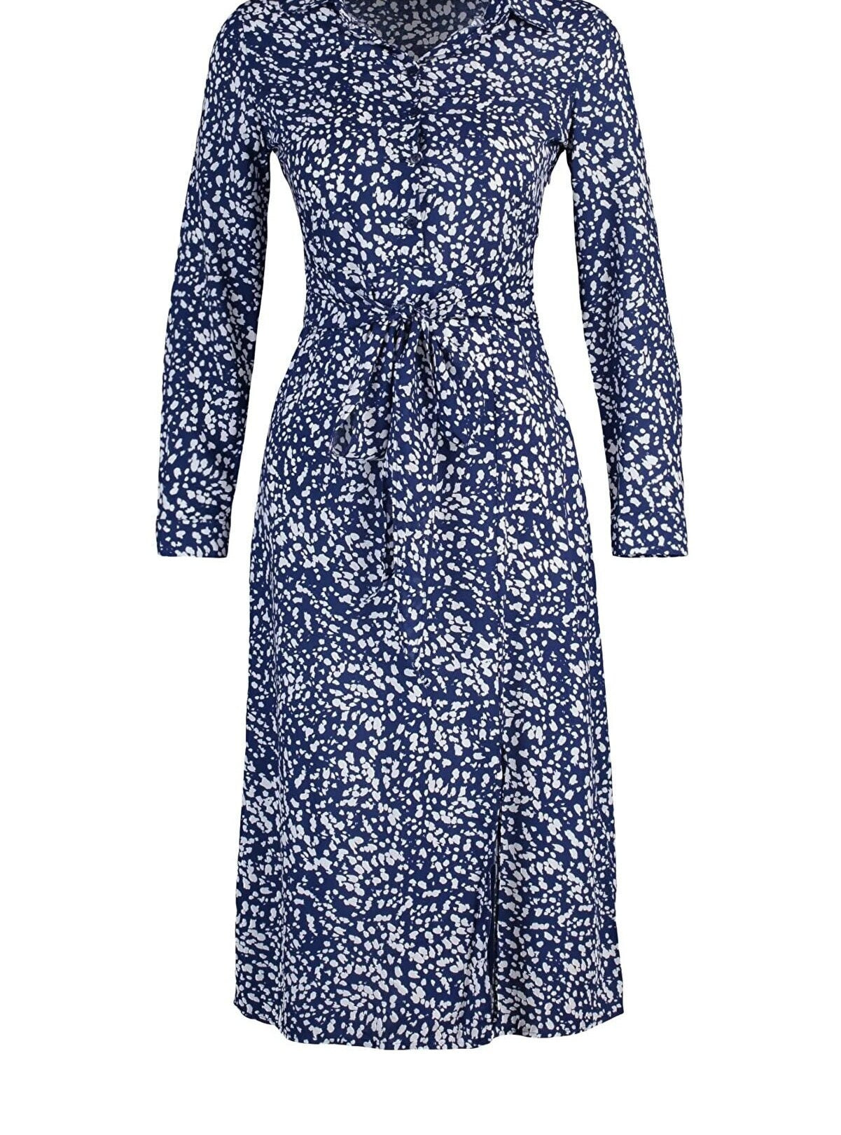 Blue Floral Midi Woven Slit Shirt Dress