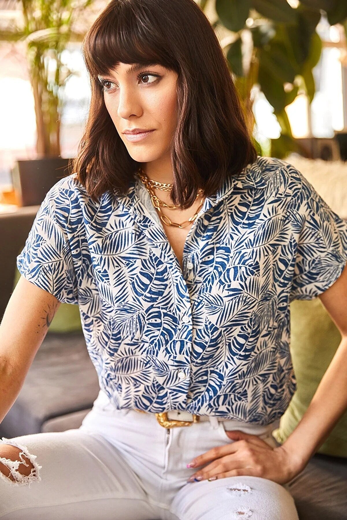 Blue Palm Print Short Sleeve Blouse