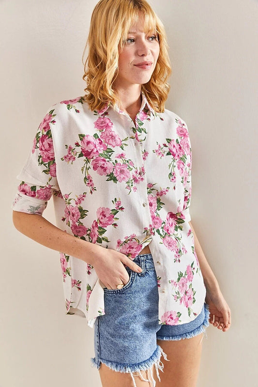 Pink Floral Pattern Linen Button Down Blouse