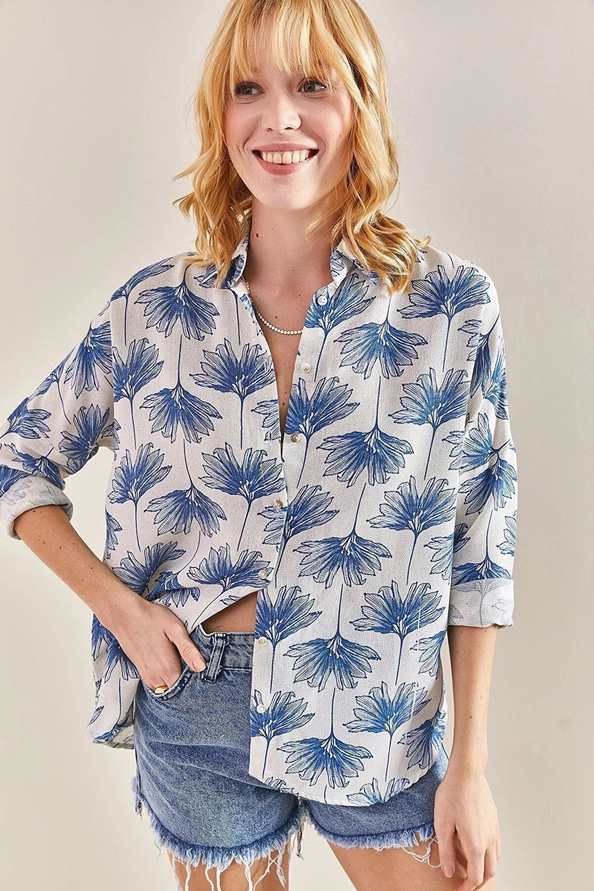 Green Gingko Print Linen Blend Blouse