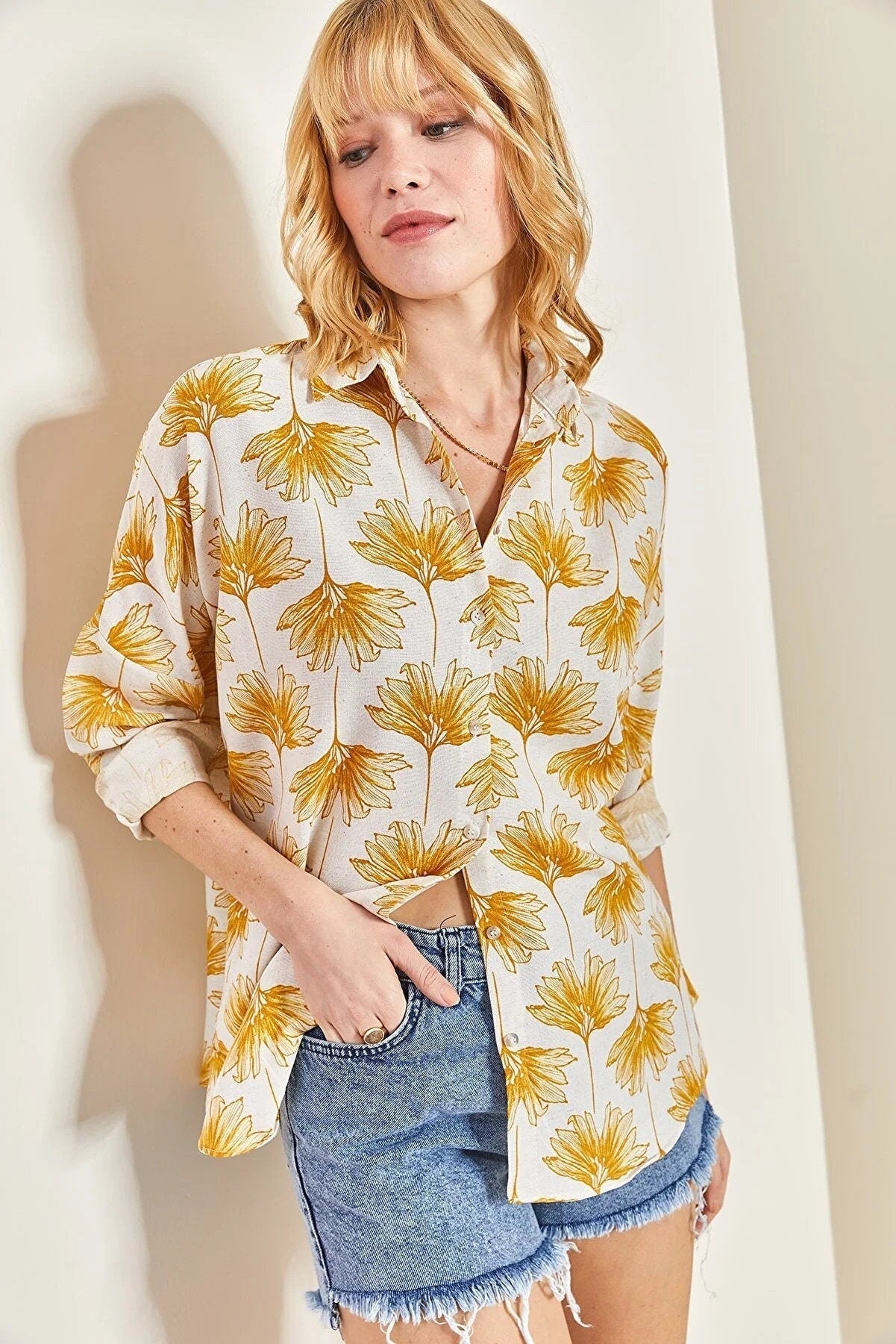 Green Gingko Print Linen Blend Blouse