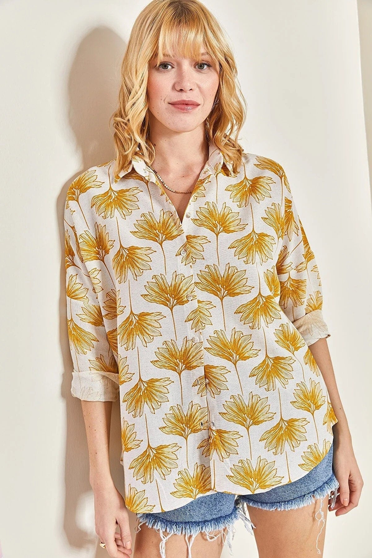 Green Gingko Print Linen Blend Blouse