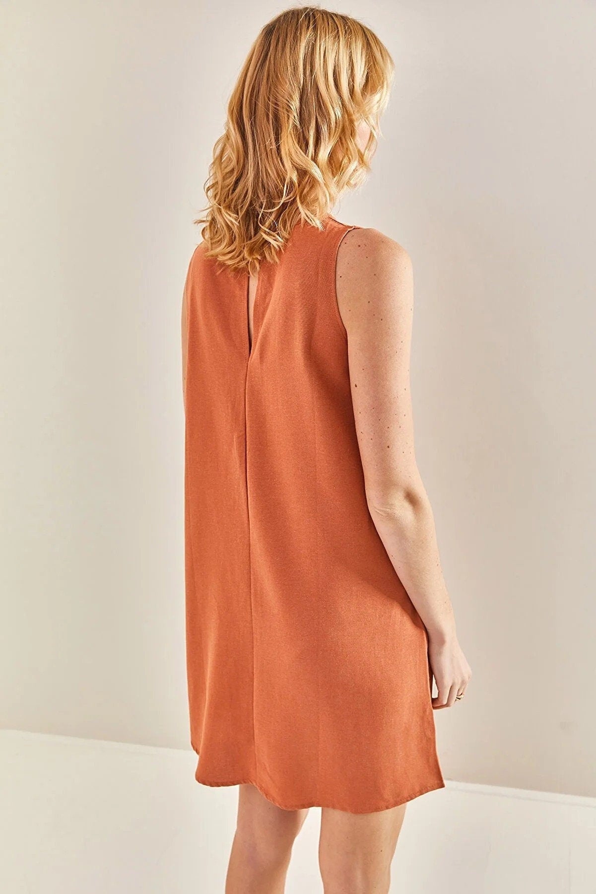 Linen Orange Sleeveless Dress