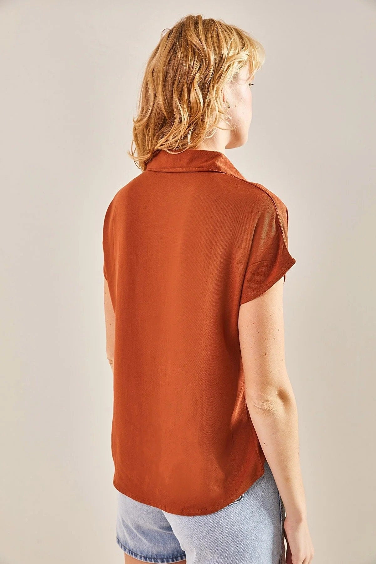 Camel Linen Short Sleeve Blouse