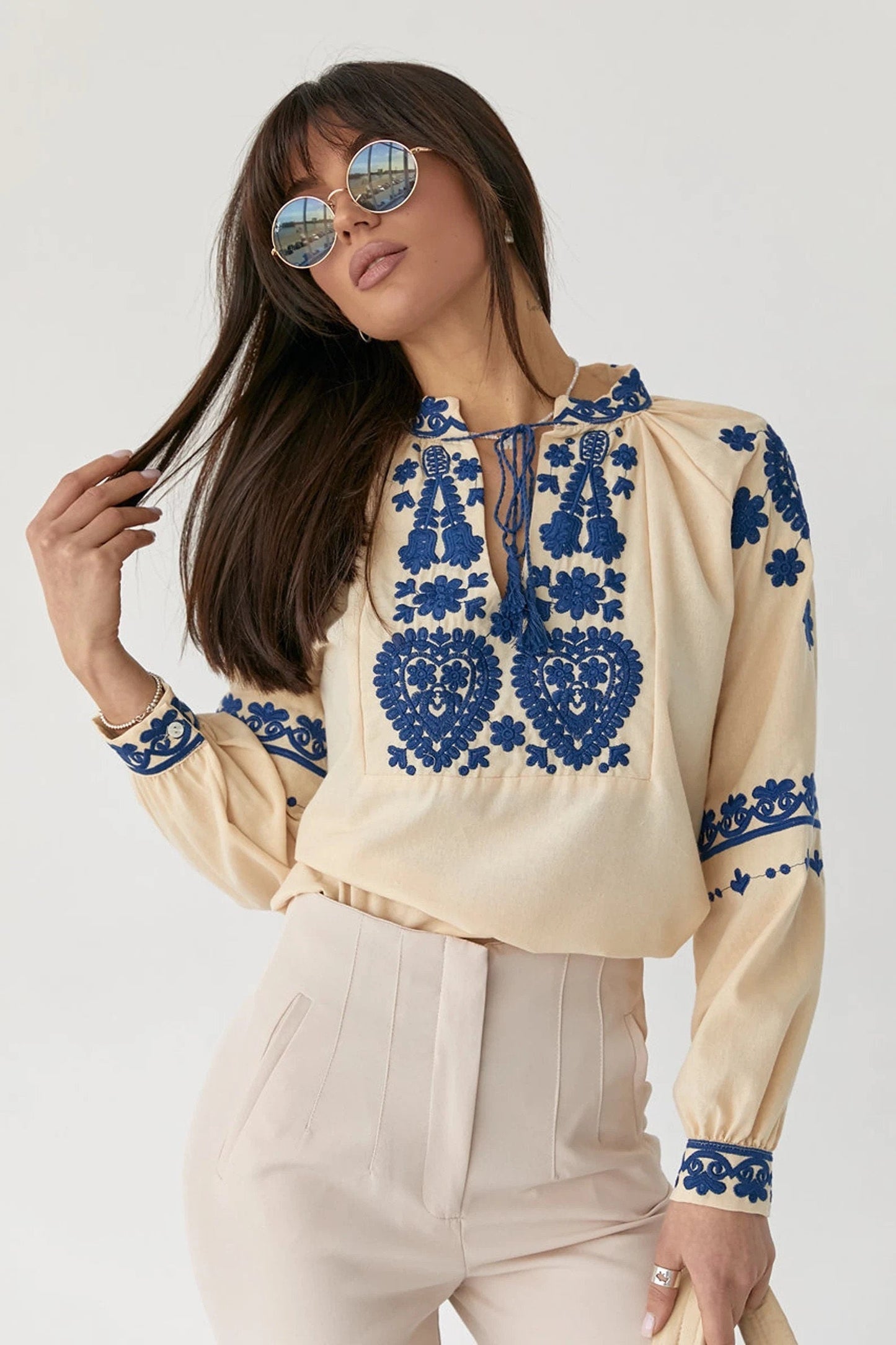 Ukrainian Blue Embroidered Cream Blouse