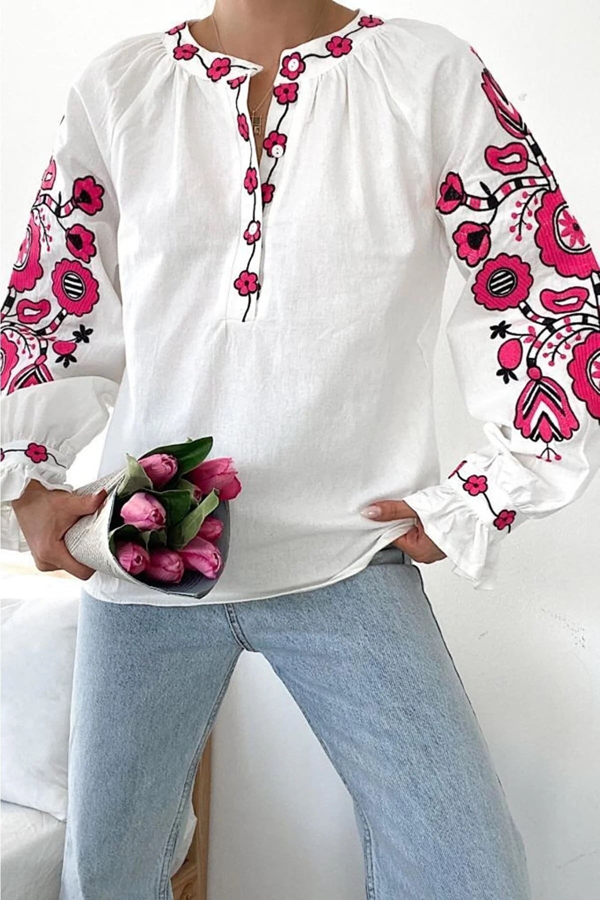 Pink Floral Embroidery Cotton Peasant Blouse