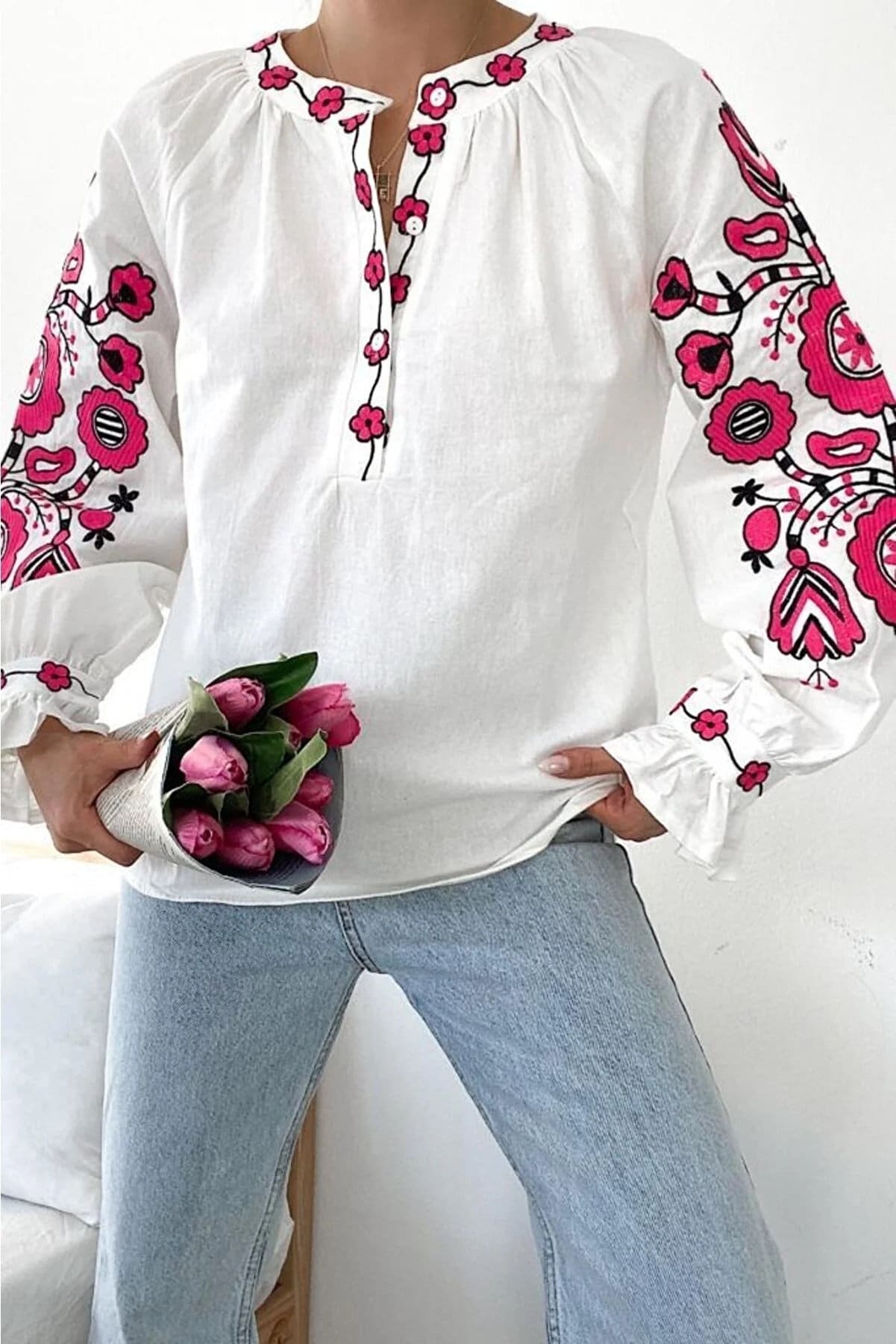 Pink Floral Embroidered Ukrainian Vyshyvanka Blouse