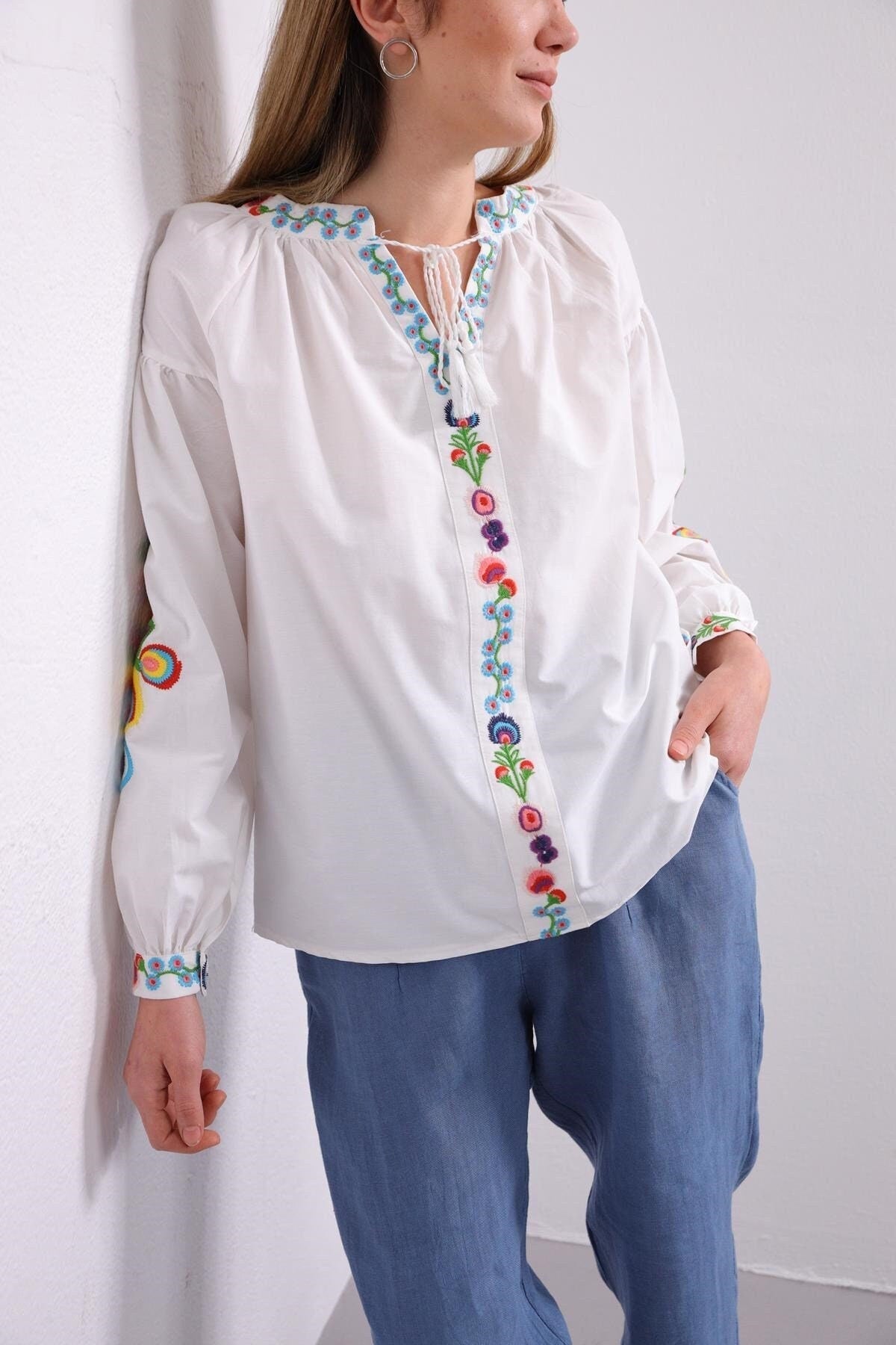 Ukrainian Floral Poplin Embroidered Blouse