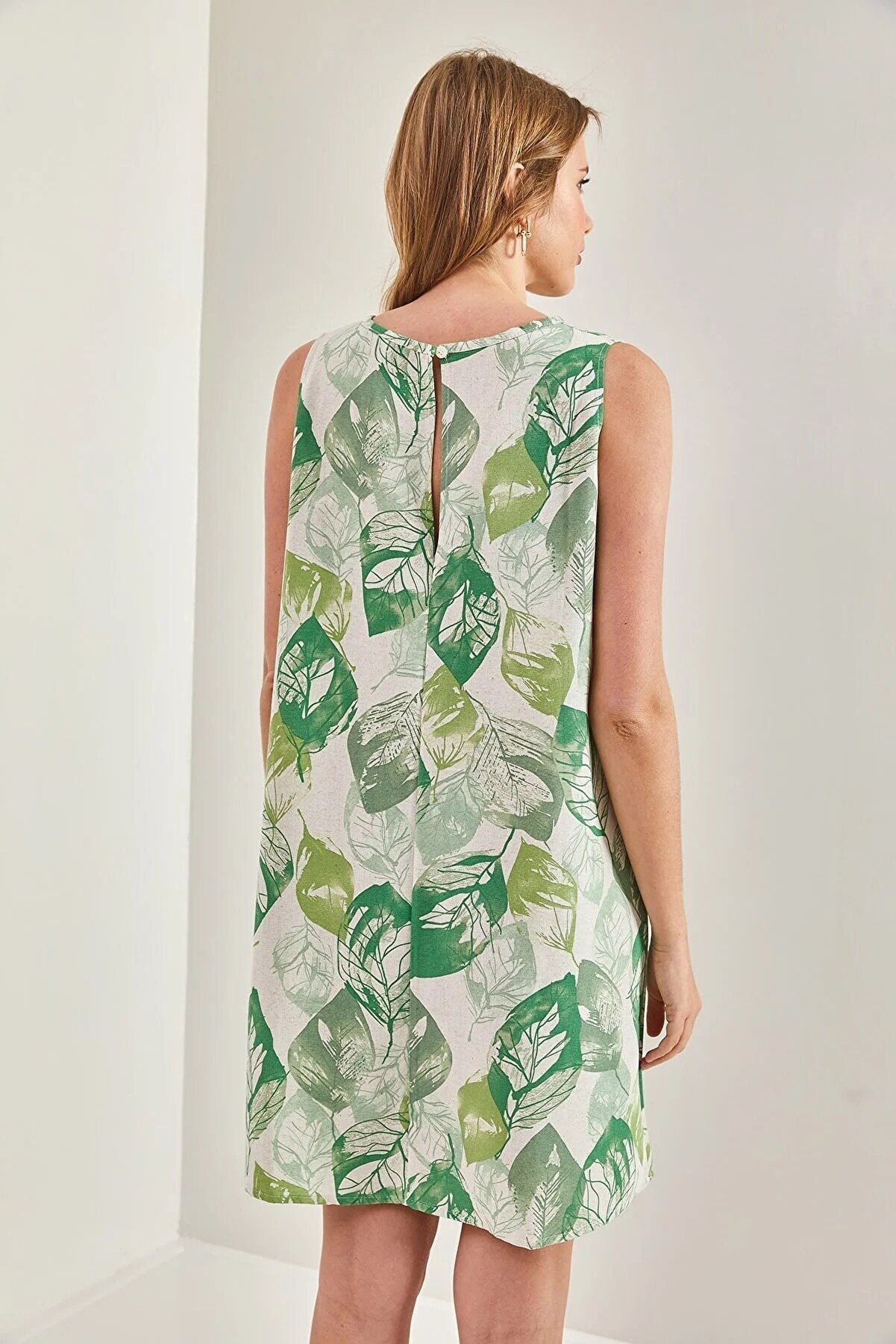 Linen Minimalist Green Leaf Printed Sleeveless Dress