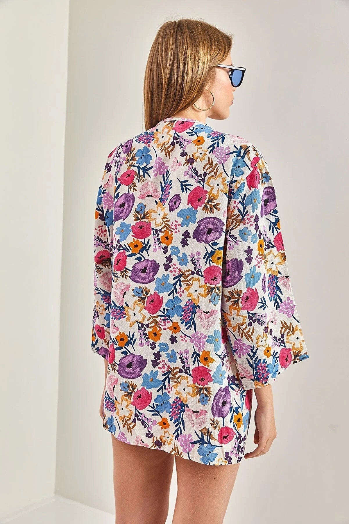 Colorful Purple Floral Print Linen Kimono