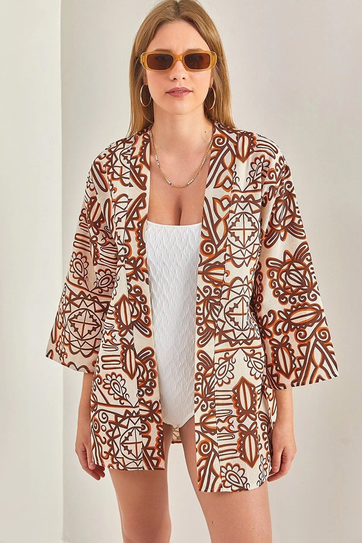 Brown Designer Ecru Linen Kimono
