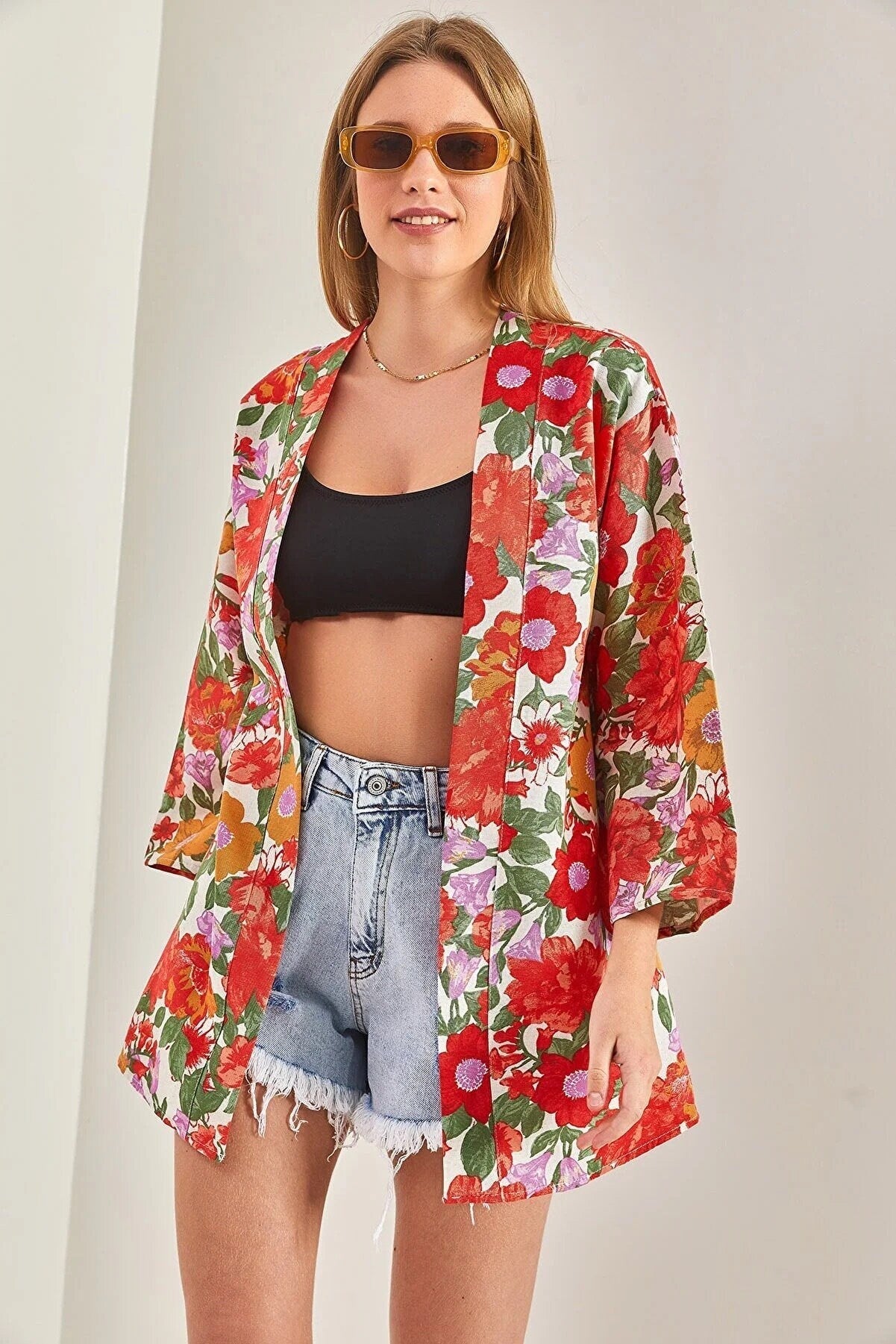 Red Colorful Floral Print Linen Kimono