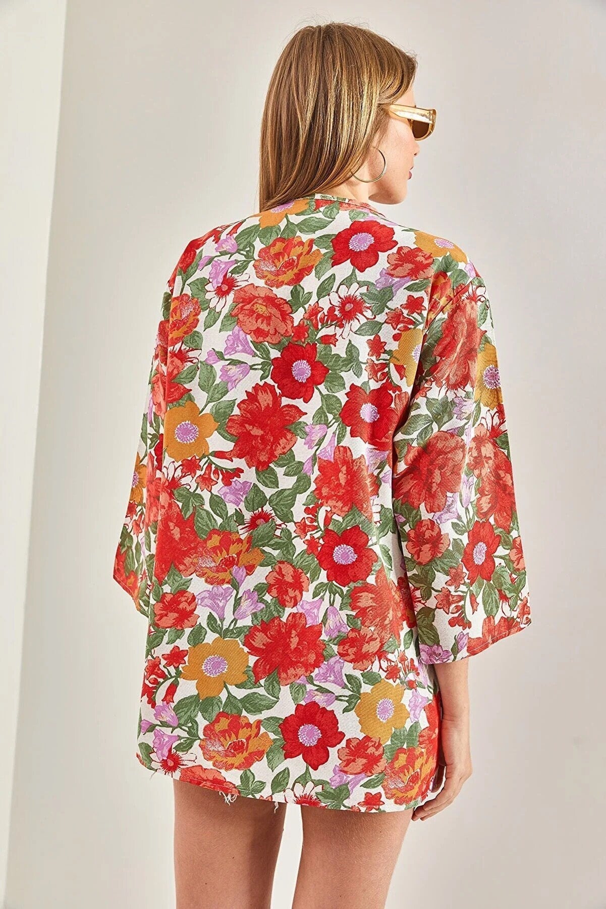 Red Colorful Floral Print Linen Kimono