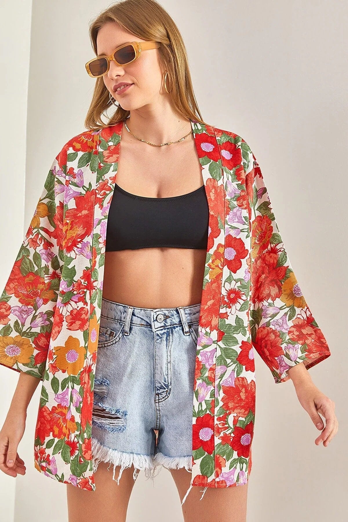 Red Colorful Floral Print Linen Kimono