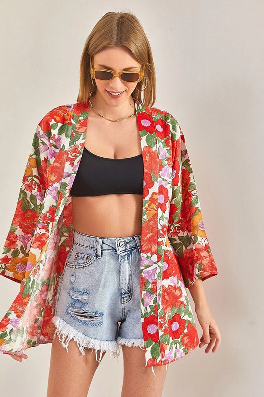 Red Colorful Floral Print Linen Kimono