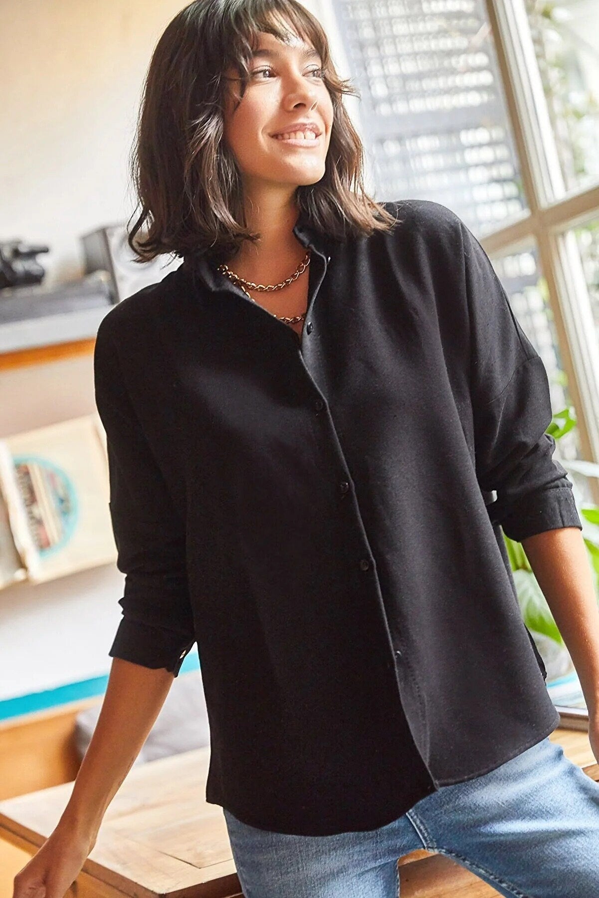 Black Linen Button Down Blouse