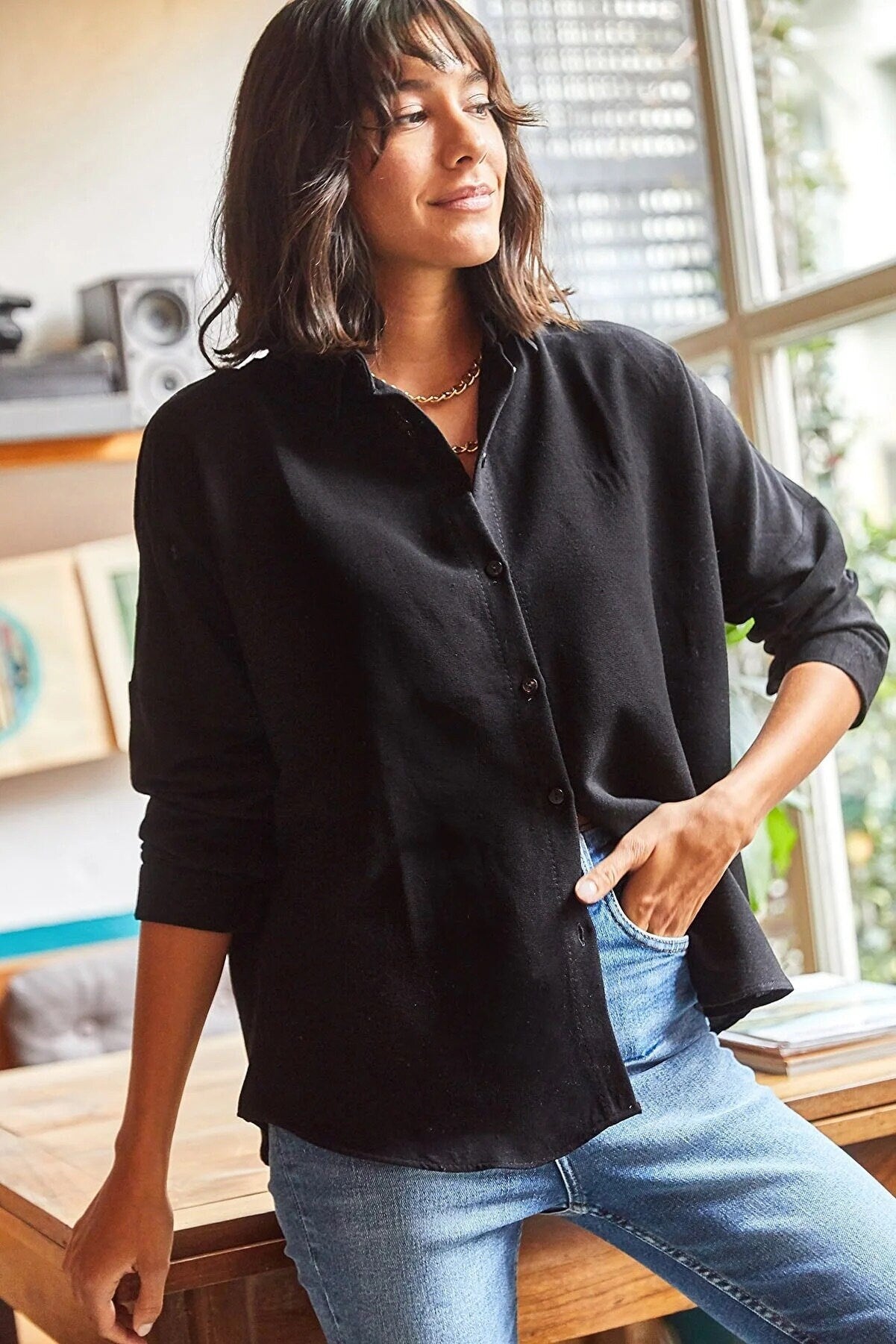 Black Linen Button Down Blouse