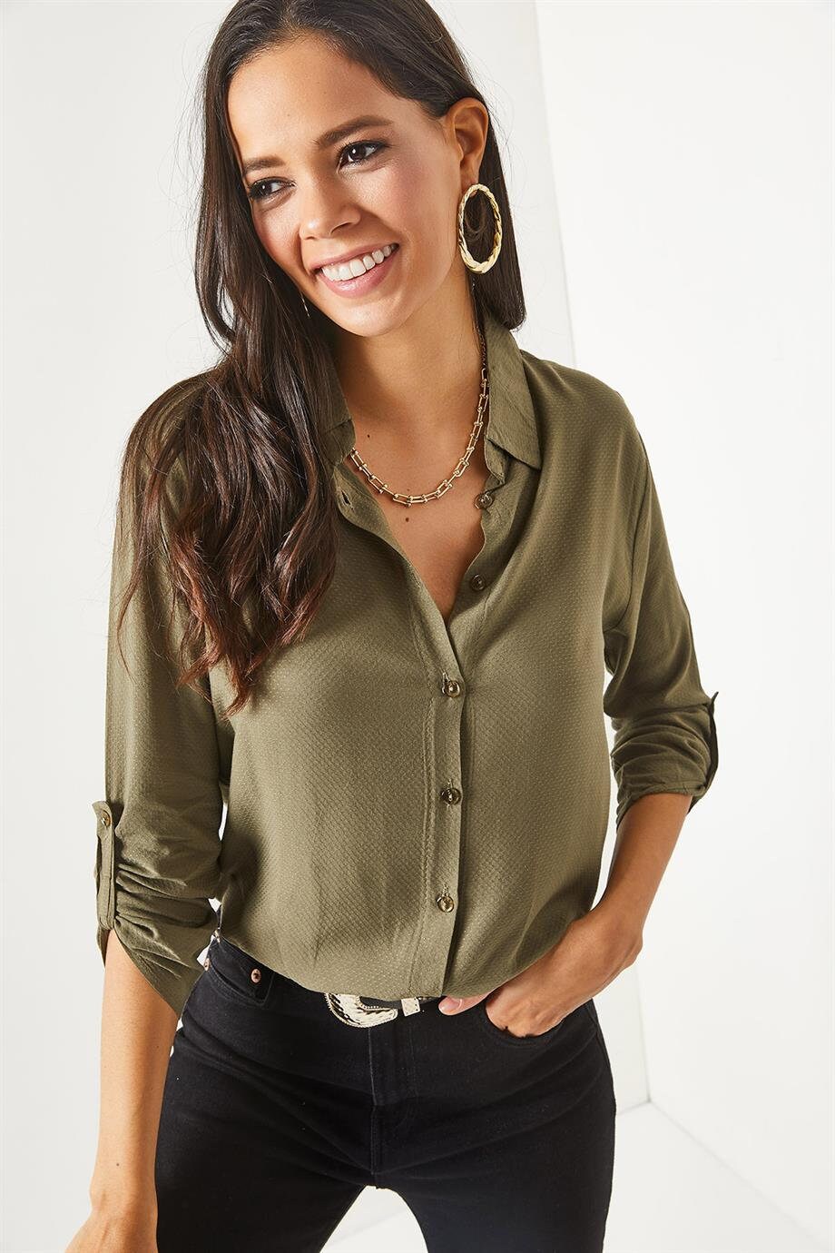 Military Green Button-Up Shirt