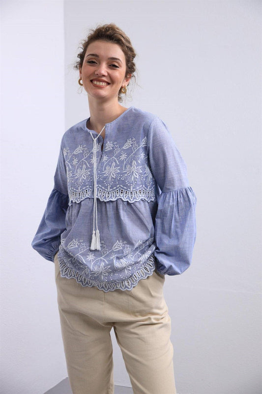 Ethereal Blue Embroidered Cotton Blouse