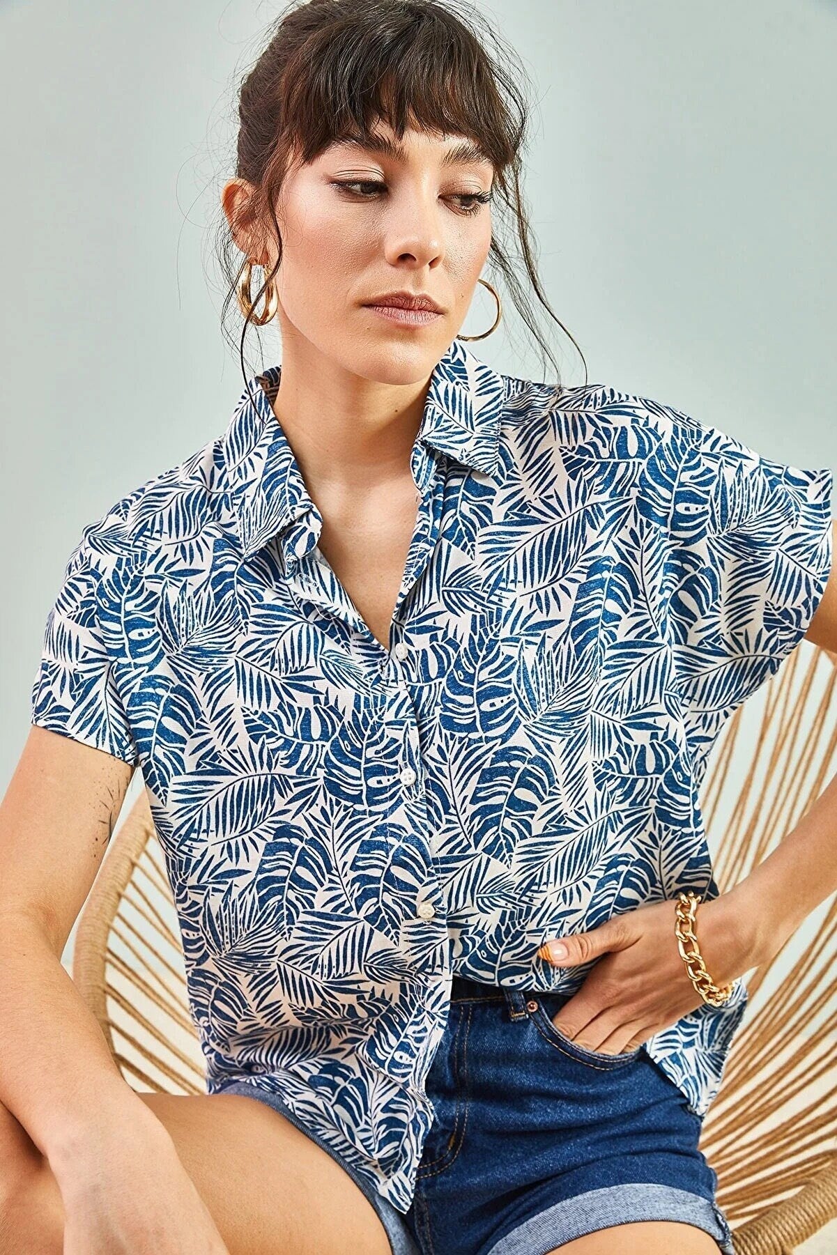 Blue Palm Print Short Sleeve Blouse