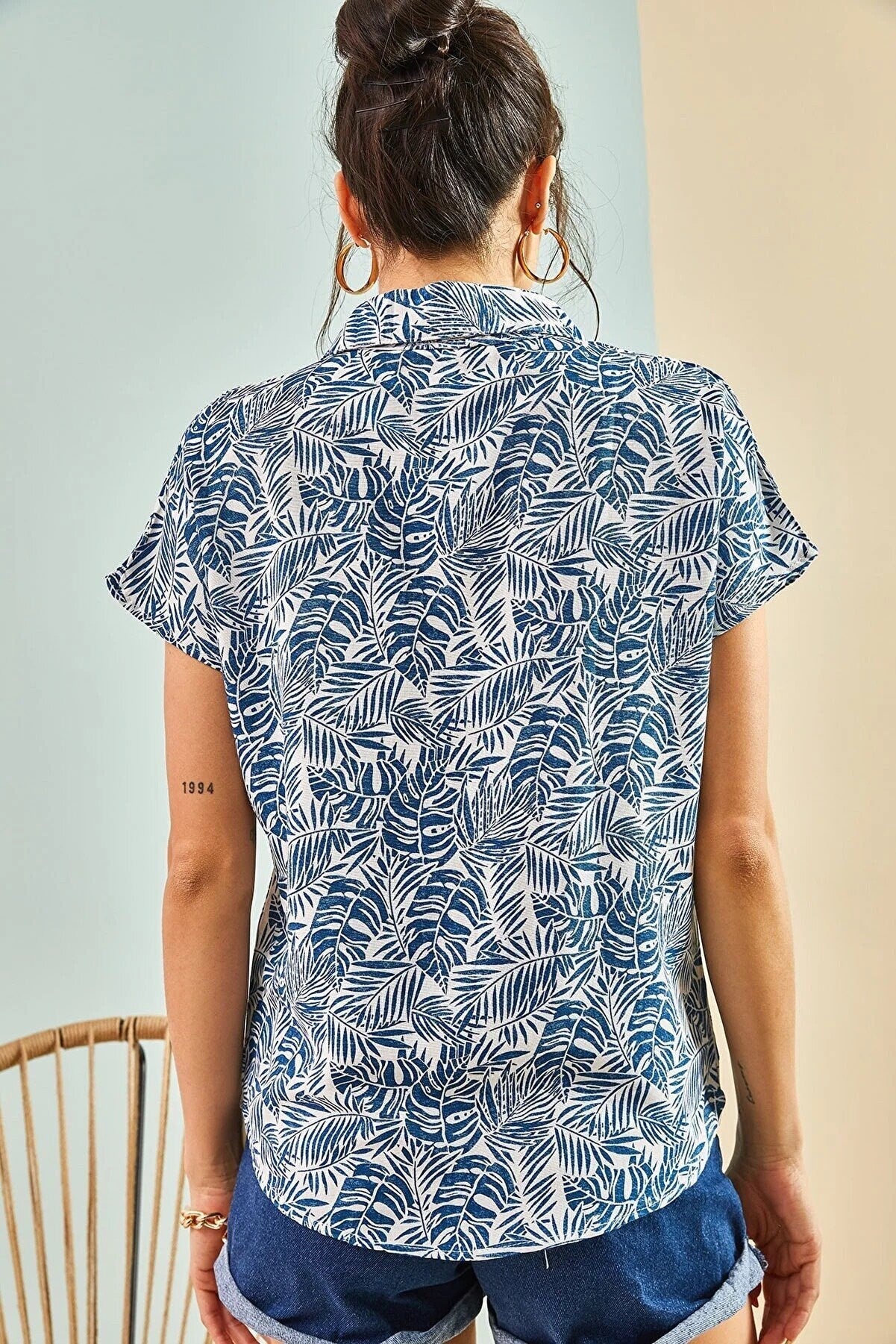 Blue Palm Print Short Sleeve Blouse