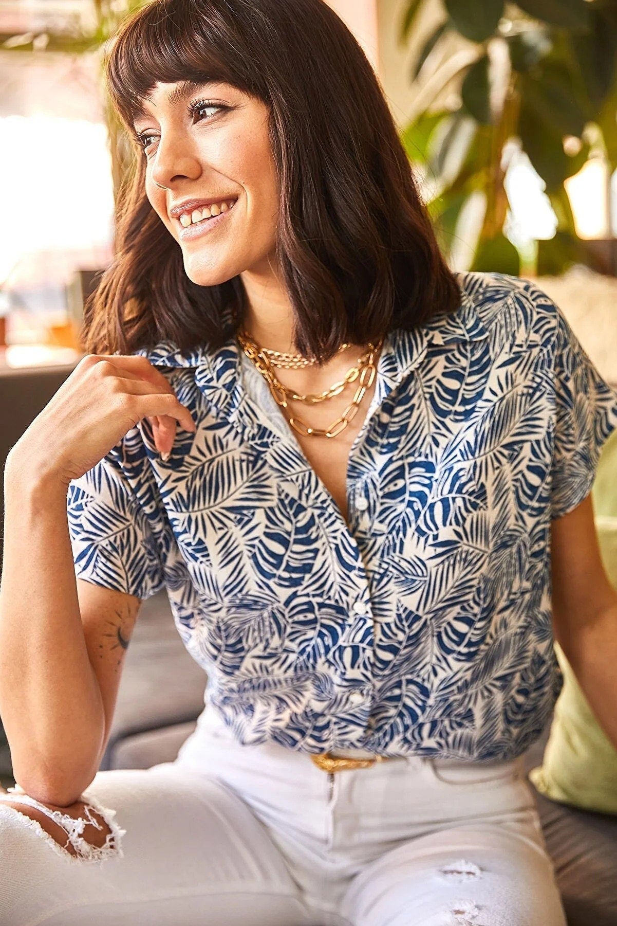 Blue Palm Print Short Sleeve Blouse