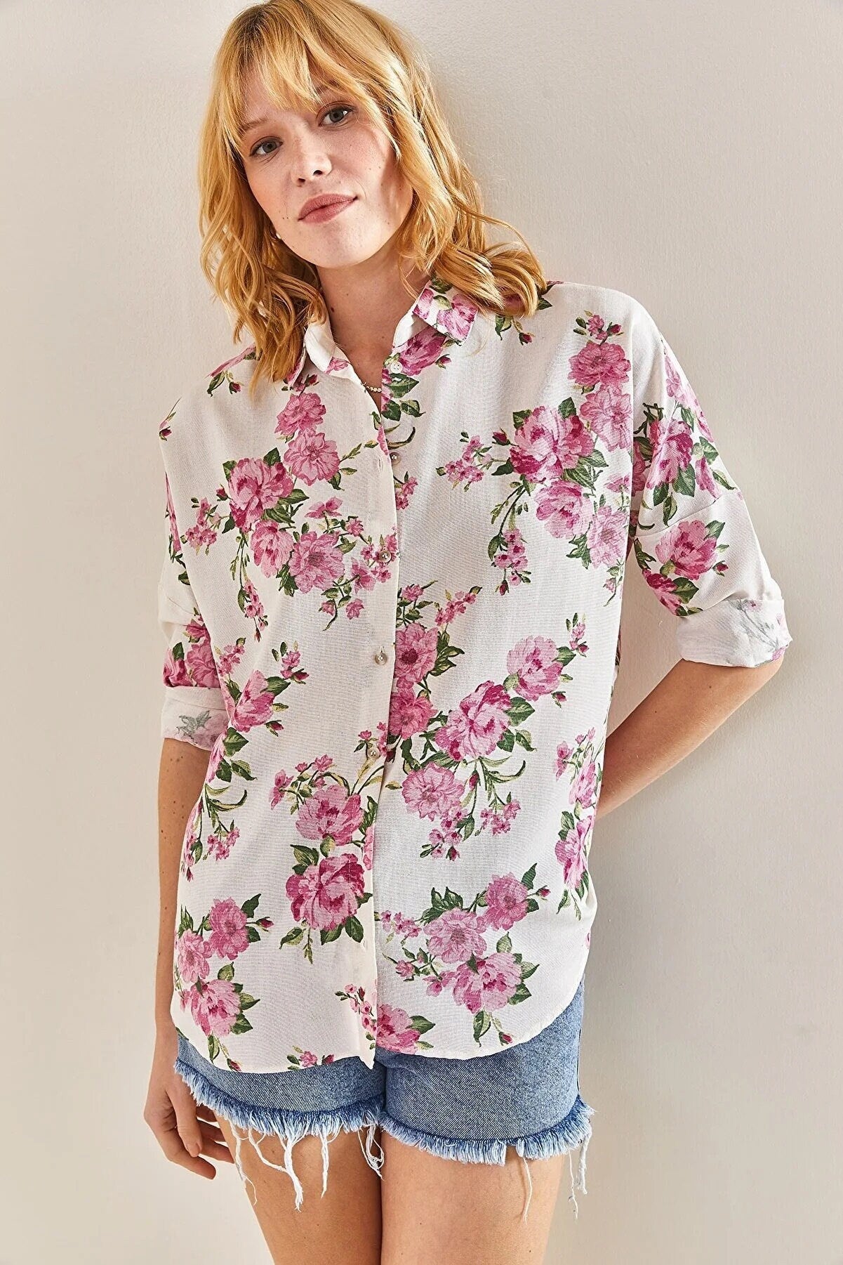 Pink Floral Pattern Linen Button Down Blouse